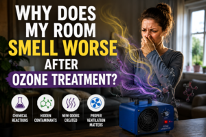Person reacting to a new smell after ozone treatment illustrating chemical reactions and hidden contaminants after using an ozone generator