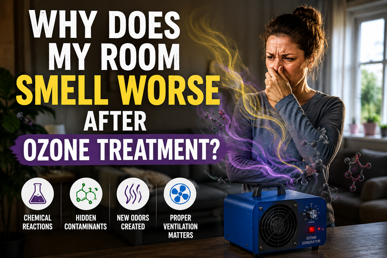 Person reacting to a new smell after ozone treatment illustrating chemical reactions and hidden contaminants after using an ozone generator