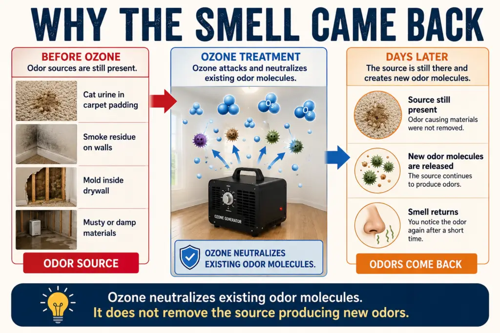 Diagram explaining why an ozone generator may not work when odor sources such as cat urine, smoke residue, mold, or damp materials remain after treatment.