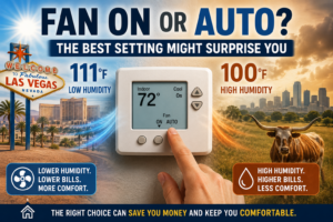 Thermostat showing fan ON and AUTO settings with a comparison of dry desert heat and humid summer conditions.