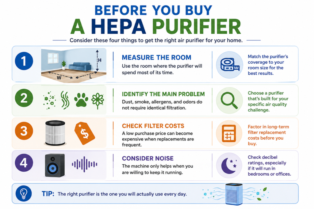 Before You Buy a HEPA Air Purifier infographic showing four buying tips: measure the room, identify the air quality problem, compare replacement filter costs, and consider operating noise before choosing a purifier.