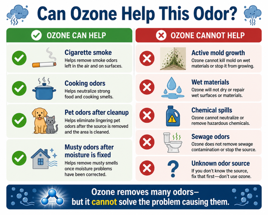 Comparison infographic titled "Can Ozone Help This Odor?" showing odors that ozone may help remove, including cigarette smoke, cooking odors, pet odors after cleanup, and musty odors after moisture is fixed, contrasted with situations where ozone is not recommended, including active mold growth, wet materials, chemical spills, sewage odors, and unknown odor sources.