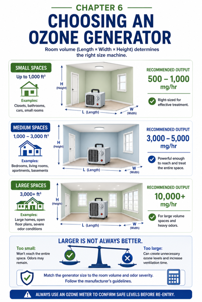 Educational infographic showing three room sizes with appropriately sized ozone generators. The illustration demonstrates that room volume (length × width × height) determines generator size and compares recommended ozone output for small, medium, and large spaces while emphasizing that larger ozone generators are not always better.