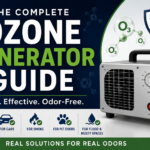 Featured image for a homeowner's ozone generator safety guide showing a professional ozone generator beside the title "The Complete Ozone Generator Guide" with a prominent Safety First shield and icons representing home odor removal, vehicles, smoke odors, pet odors, and flood or musty odor restoration.