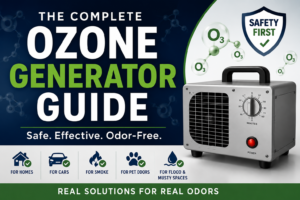 Featured image for a homeowner's ozone generator safety guide showing a professional ozone generator beside the title "The Complete Ozone Generator Guide" with a prominent Safety First shield and icons representing home odor removal, vehicles, smoke odors, pet odors, and flood or musty odor restoration.