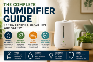 Complete humidifier guide infographic showing a cool mist humidifier with sections covering humidifier types, benefits, usage tips, and safety.