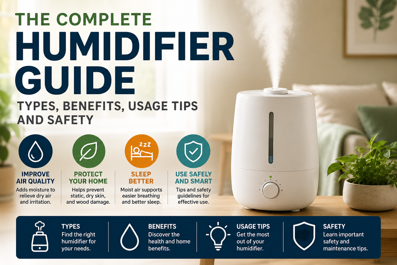 Complete humidifier guide infographic showing a cool mist humidifier with sections covering humidifier types, benefits, usage tips, and safety.