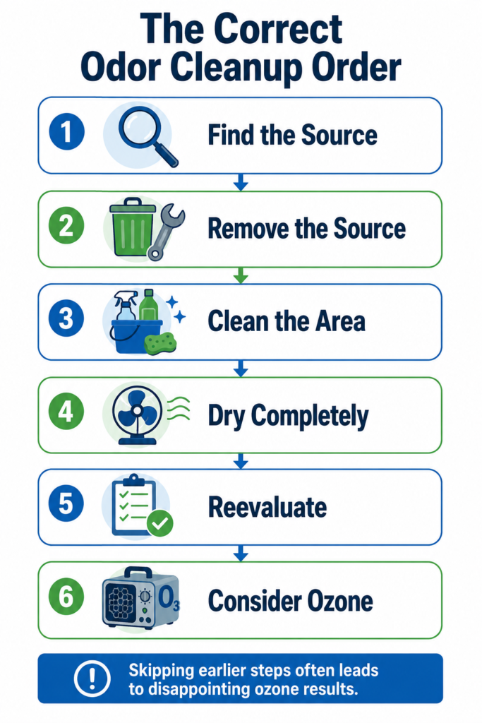 Process infographic titled “The Correct Odor Cleanup Order” showing six steps: find the source, remove the source, clean the area, dry completely, reevaluate, and consider ozone.