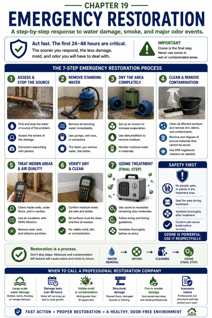 Educational infographic illustrating the complete emergency restoration workflow from Emergency → Water Damage → Drying → Cleaning → Filtration → Restoration → Ozone Finishing Treatment. The graphic emphasizes that ozone is the final step in the restoration process and should only be used after water removal, drying, cleaning, and filtration are complete.