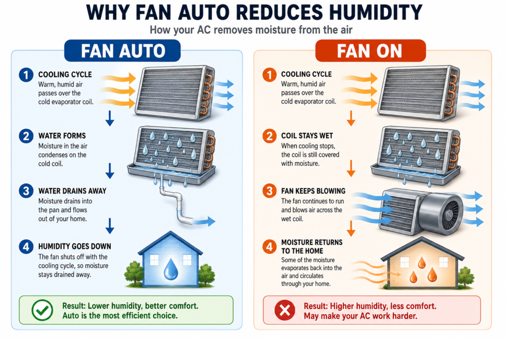 Comparison showing how AUTO removes humidity while the ON fan setting can recirculate moisture after the cooling cycle ends.
