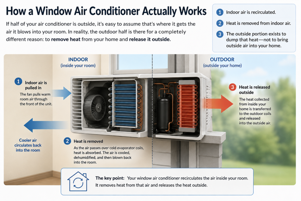 Window air conditioner diagram showing how indoor air is recirculated, heat is removed, and the outdoor portion releases that heat outside rather than pulling outside air into the room.