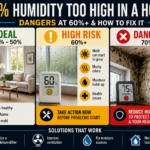 Infographic showing ideal indoor humidity (30–50%), increased mold risk at 60% humidity, and danger zone at 70–80%+ with tips to reduce indoor moisture.