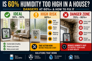 Infographic showing ideal indoor humidity (30–50%), increased mold risk at 60% humidity, and danger zone at 70–80%+ with tips to reduce indoor moisture.