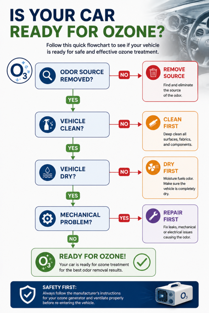 Decision tree infographic showing whether a car is ready for ozone treatment by checking if the odor source has been removed, the vehicle has been cleaned and dried, and any mechanical problems have been repaired before using an ozone generator.