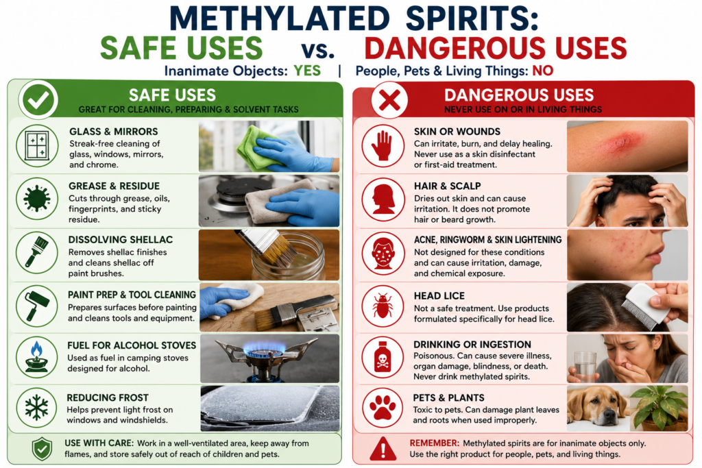 Infographic showing the safe uses of methylated spirits for cleaning and workshop tasks versus dangerous uses involving people, pets, skin, wounds, and drinking.