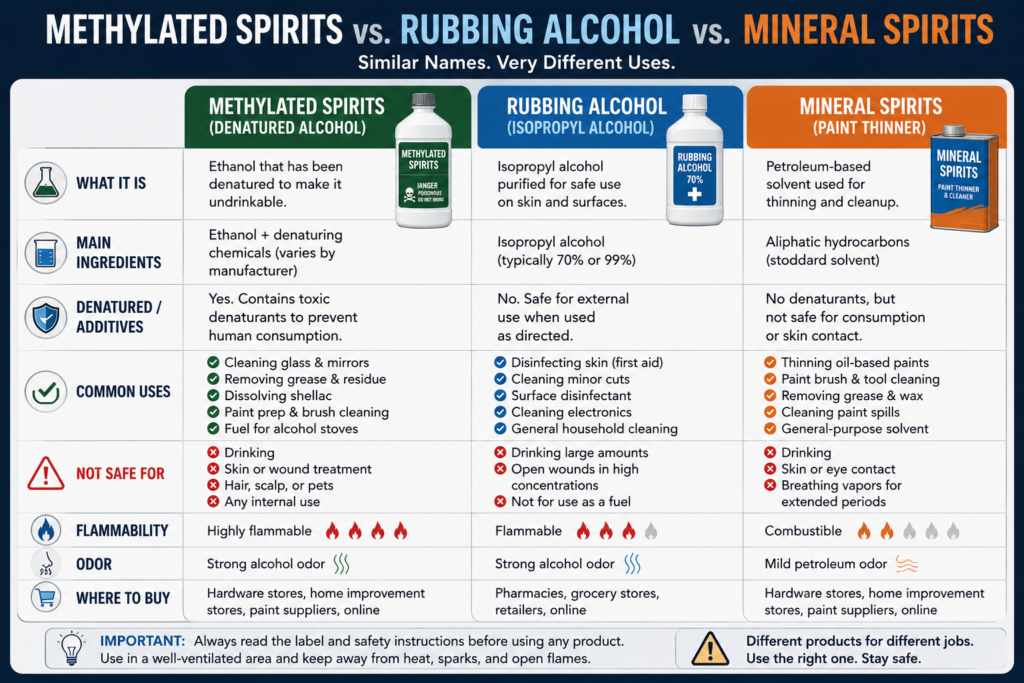 Methylated spirits vs rubbing alcohol vs mineral spirits comparison chart showing ingredients, common uses, safety, and when to use each product.