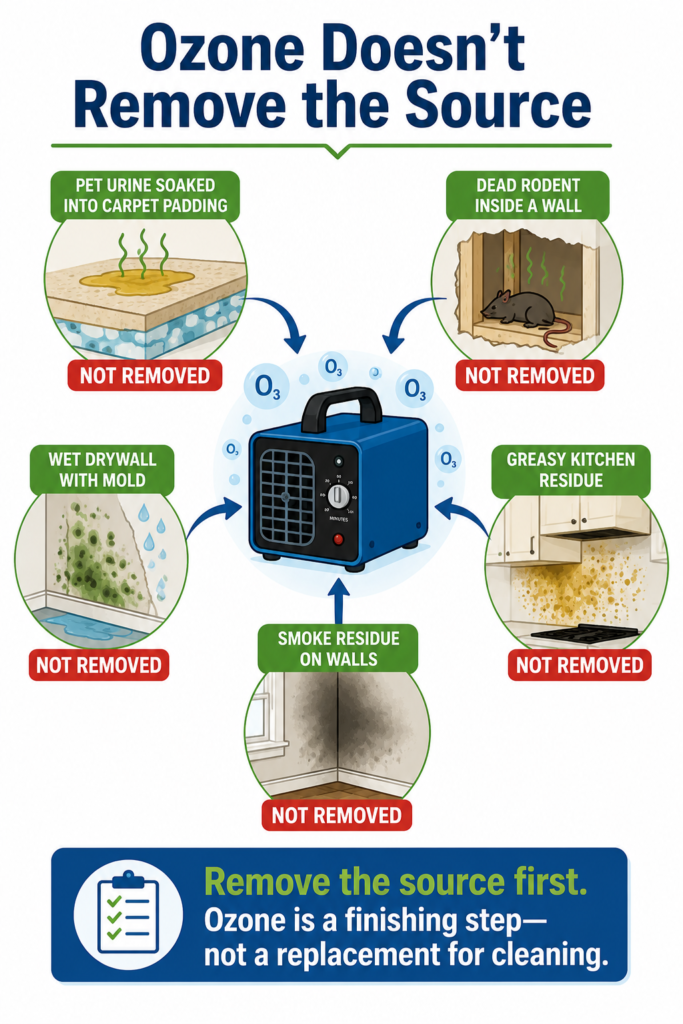 Educational infographic titled "Ozone Doesn't Remove the Source" showing an ozone generator surrounded by common odor sources including pet urine in carpet padding, a dead rodent inside a wall, wet moldy drywall, greasy kitchen residue, and smoke residue on walls. Each source is labeled "Not Removed" to emphasize that ozone cannot eliminate the underlying cause of odors.