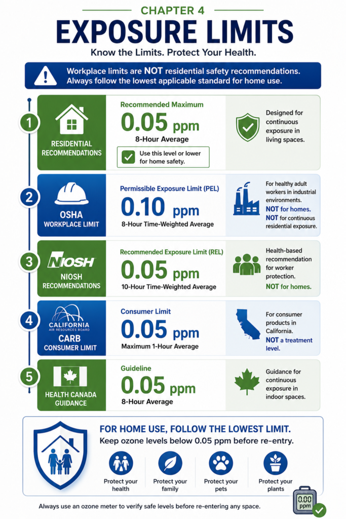 Educational infographic comparing several ozone standards and emphasizing that workplace exposure limits are not residential re-entry recommendations.
