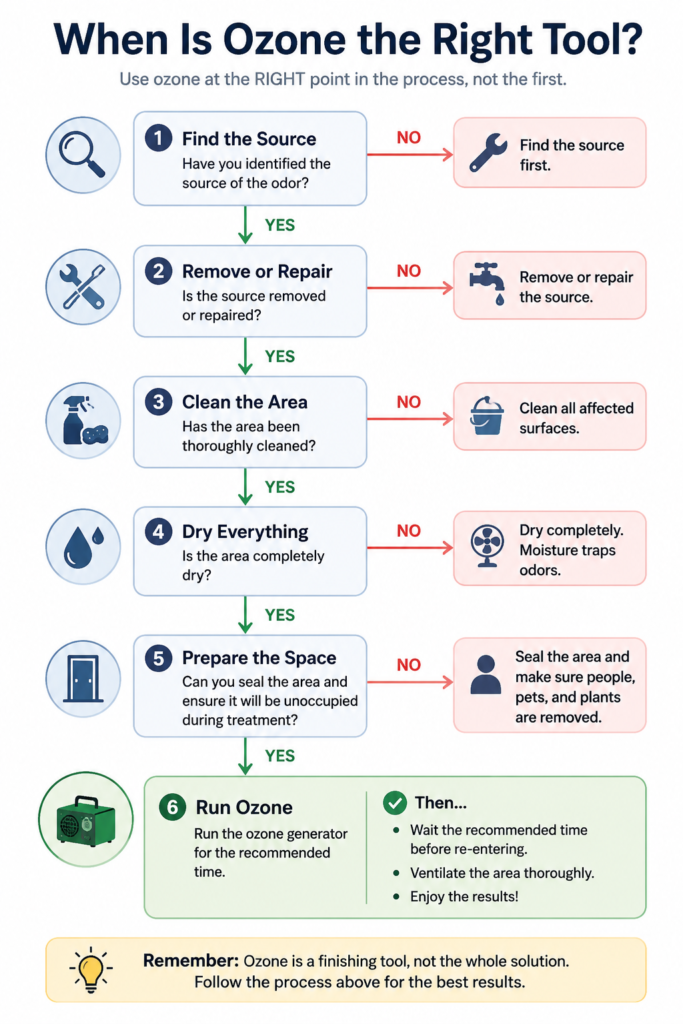 Flowchart showing the proper order for odor removal: remove the source, repair damage, clean, dry, then use ozone.