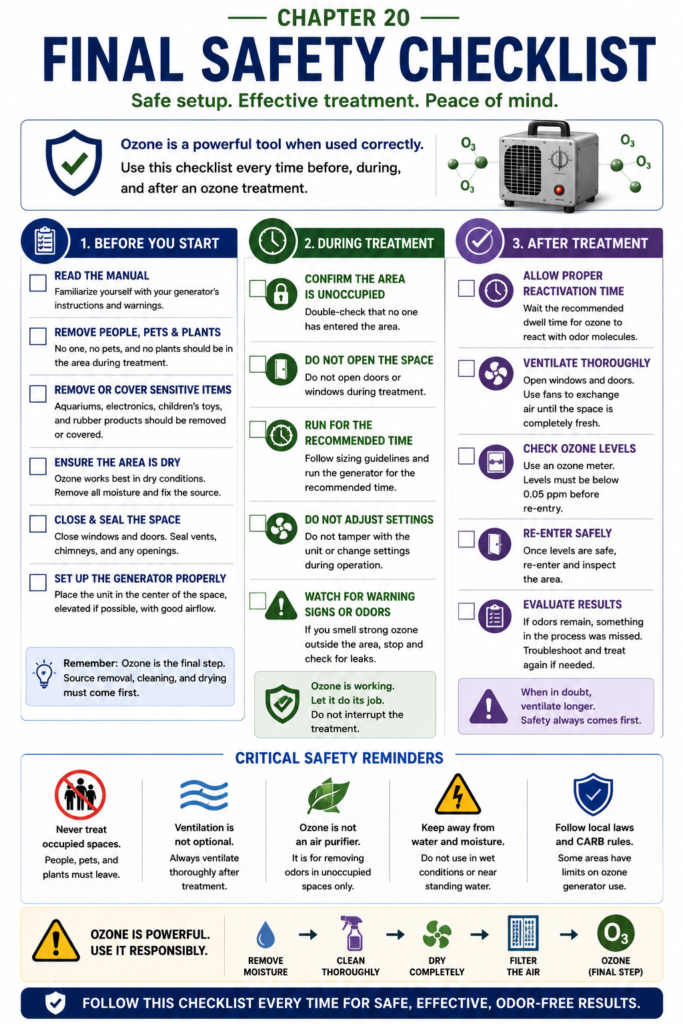 One-page educational safety checklist infographic showing the complete ozone treatment workflow in chronological order: Source Removal → Cleaning → Drying → Evacuation → Timer → Waiting Period → Ventilation → Ozone Meter → Safe Re-entry. The visual reinforces that ozone is the final step in odor restoration and emphasizes safe preparation, operation, ventilation, and verification before re-entering the treated space