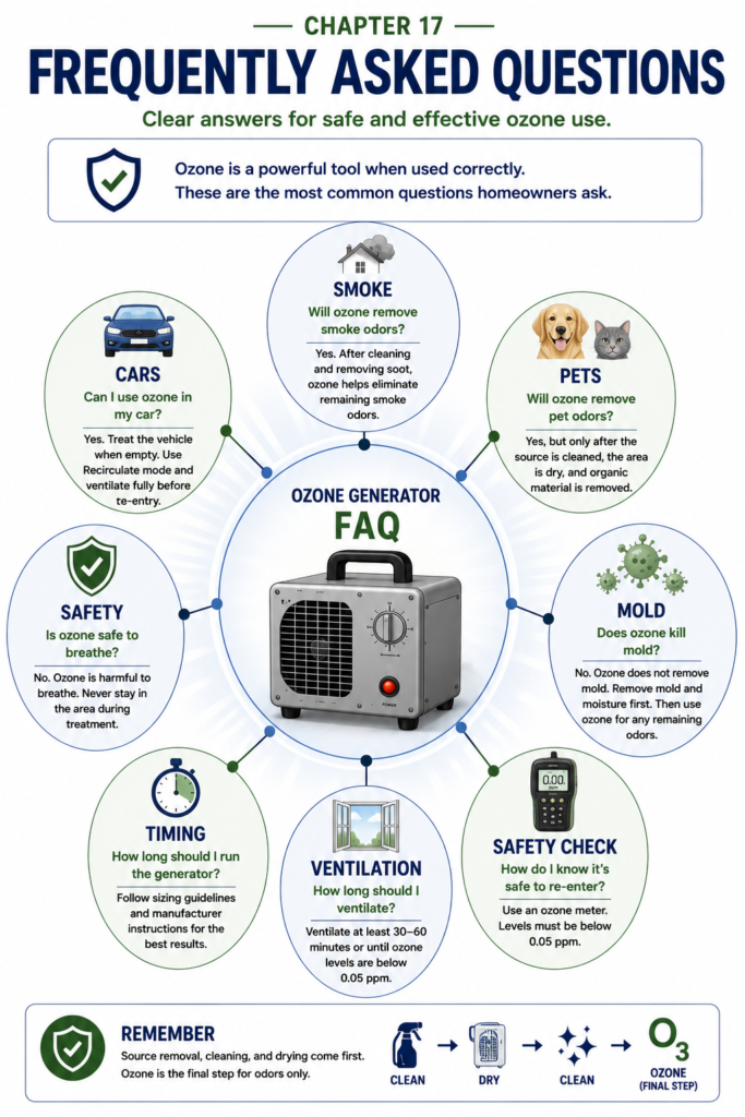 Educational FAQ infographic featuring an ozone generator surrounded by common homeowner questions about smoke odors, pet odors, vehicles, mold, safety, treatment timing, ventilation, and safe re-entry. The graphic provides quick visual answers while reinforcing that ozone should only be used after cleaning and as the final step in odor removal.