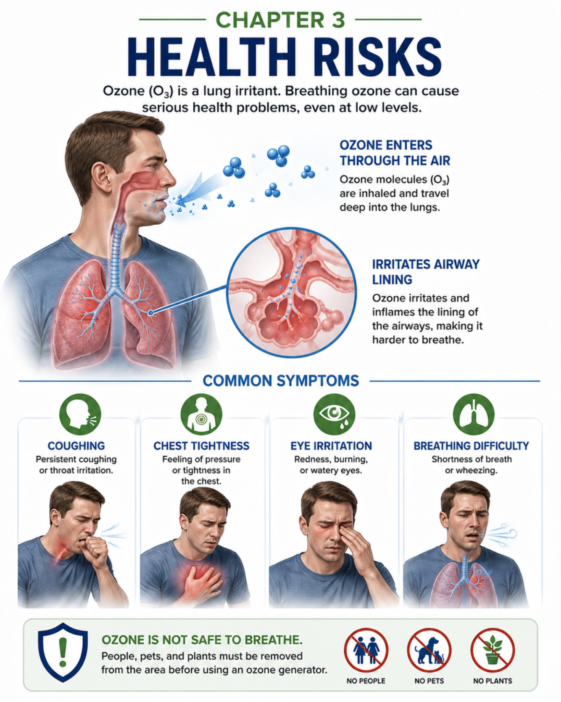 Medical-style educational infographic illustrating how ozone enters the lungs and irritates the airway lining, with callouts showing common symptoms including coughing, chest tightness, eye irritation, and breathing difficulty. The graphic emphasizes that ozone generators should only be used in unoccupied spaces with no people, pets, or plants.