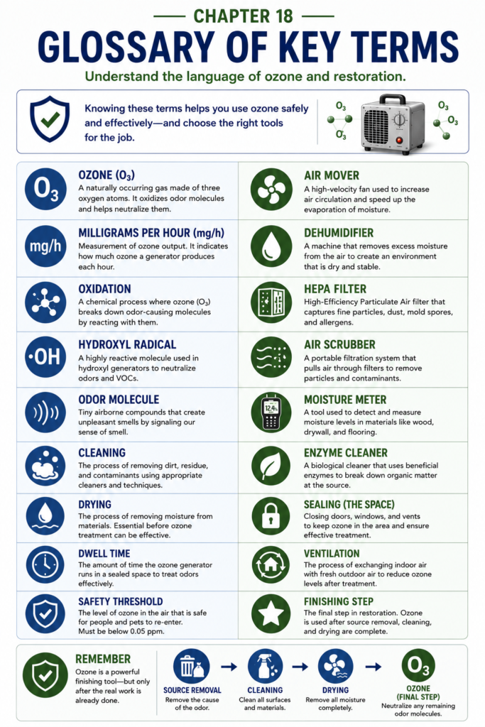 Educational glossary infographic illustrating key ozone and restoration terms with labeled examples, including an ozone molecule, HEPA filter, activated carbon, dehumidifier, moisture meter, ozone plate, ventilation, and oxidation. The visual provides homeowners with easy-to-understand definitions and reinforces ozone's role as a finishing step in the restoration process.