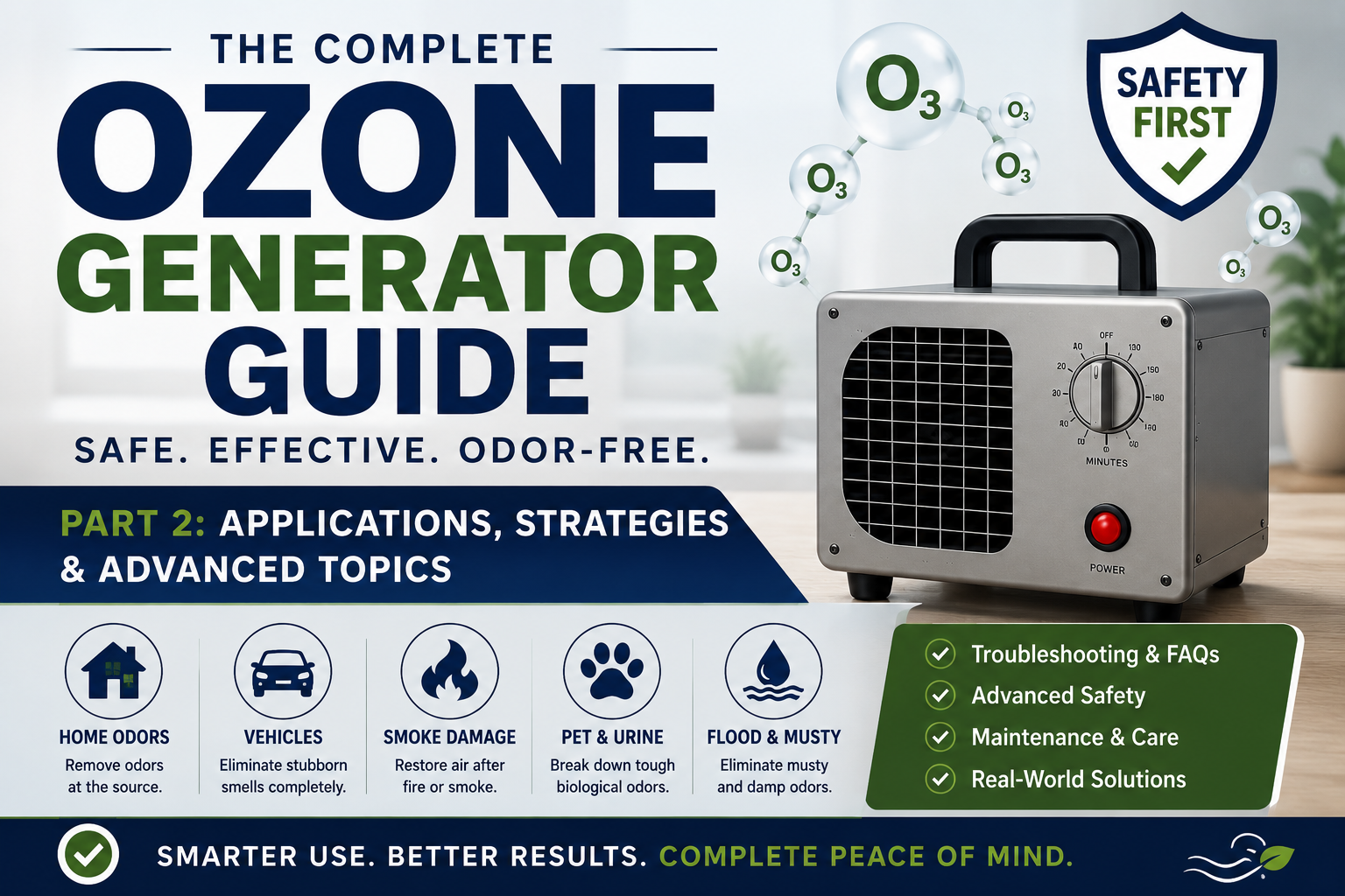 Featured image for Part 2 of a homeowner's ozone generator safety guide covering practical applications, troubleshooting, restoration strategies, vehicle treatments, smoke odors, pet odors, musty odors, and advanced ozone safety practices.