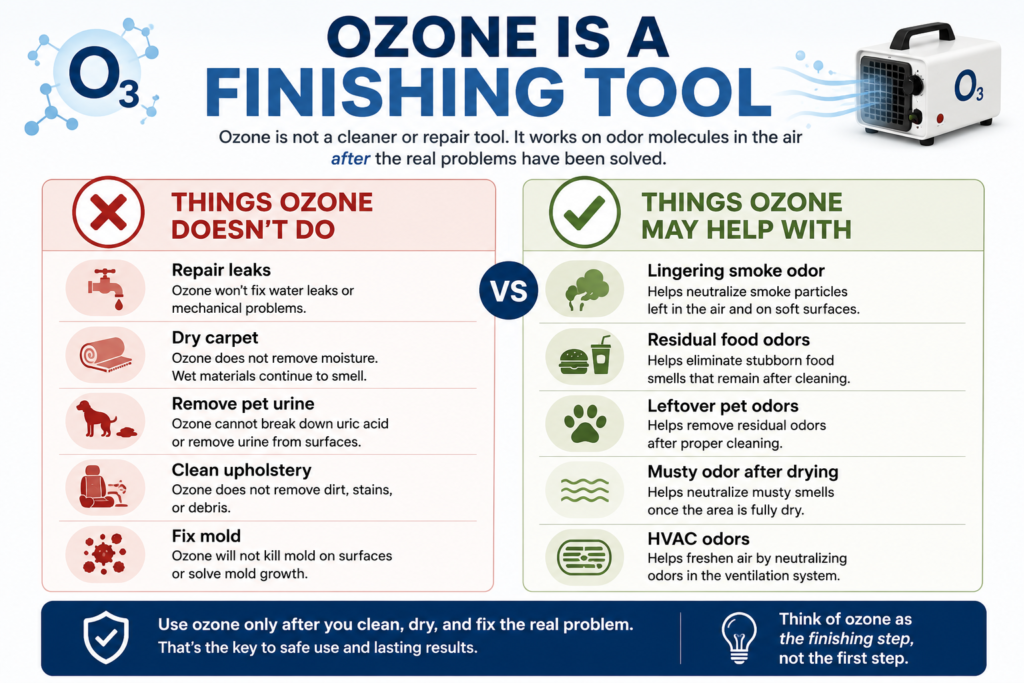 Comparison infographic showing what ozone does and doesn't do for vehicle odor removal. Ozone cannot repair leaks, dry carpet, remove pet urine, clean upholstery, or fix mold, but it may help eliminate lingering smoke, food, pet, musty, and HVAC odors after cleaning and repairs are complete.