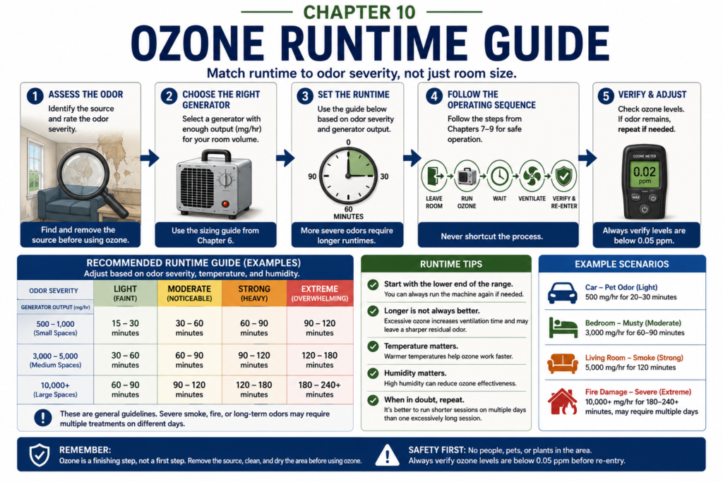 Educational infographic showing ozone measurement after treatment; the accompanying chapter explains meter limitations and that a reading below 0.05 ppm does not independently verify safe residential re-entry.