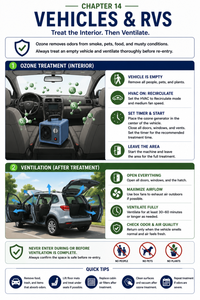 Educational infographic showing the proper use of an ozone generator inside an empty vehicle with the HVAC system set to Recirculate, followed by post-treatment ventilation with all doors and the rear hatch open. The graphic emphasizes treating only unoccupied vehicles and thoroughly ventilating before safe re-entry
