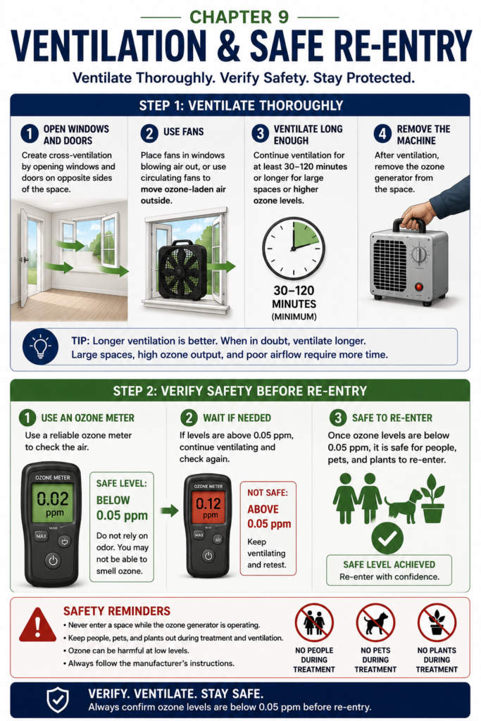 Educational infographic illustrating outdoor exhaust, replacement air, and ozone measurement after treatment; the accompanying chapter explains that no single meter value independently proves safe residential re-entry.