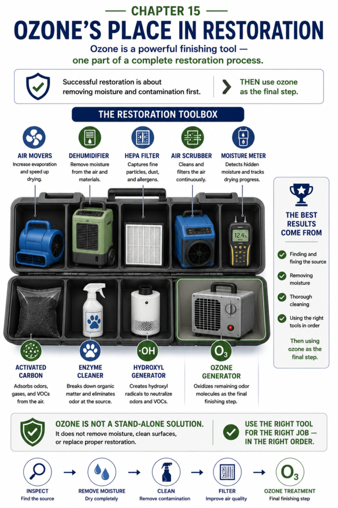 Educational infographic showing a professional restoration toolbox containing air movers, a dehumidifier, HEPA filter, air scrubber, moisture meter, activated carbon, enzyme cleaner, hydroxyl generator, and an ozone generator. The illustration emphasizes that ozone is only one tool in the restoration process and should be used as the final finishing step after drying, cleaning, and source removal.