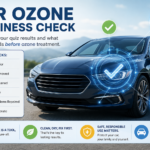 Illustration of a car ozone readiness check showing the key steps for determining whether a vehicle is ready for ozone treatment, including odor type, cleaning, drying, source removal, and safe operation