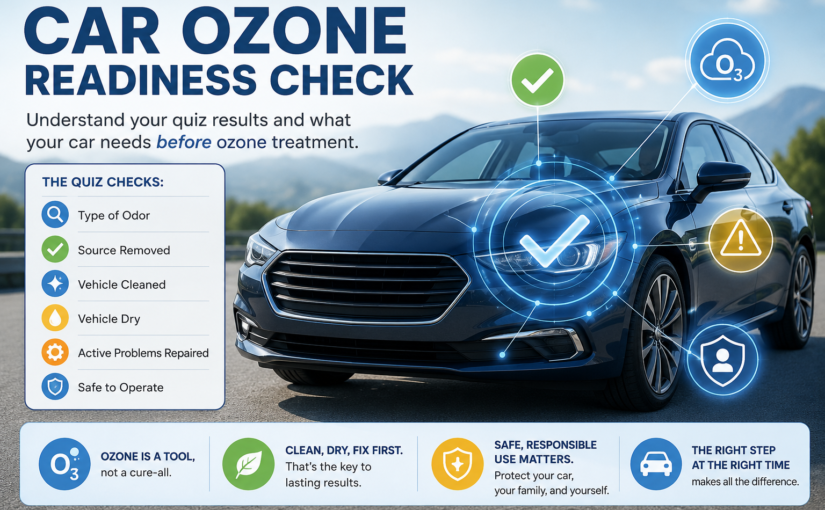 Illustration of a car ozone readiness check showing the key steps for determining whether a vehicle is ready for ozone treatment, including odor type, cleaning, drying, source removal, and safe operation