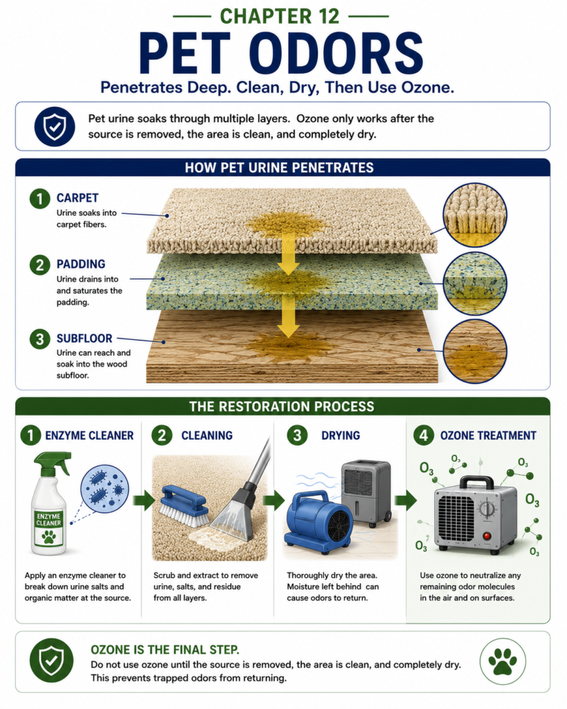 Educational infographic illustrating how pet urine penetrates through carpet, padding, and the subfloor, followed by the proper restoration sequence of Enzyme Cleaner → Cleaning → Drying → Ozone Treatment. The graphic emphasizes that ozone should only be used as the final step after the odor source has been removed and the area is completely dry