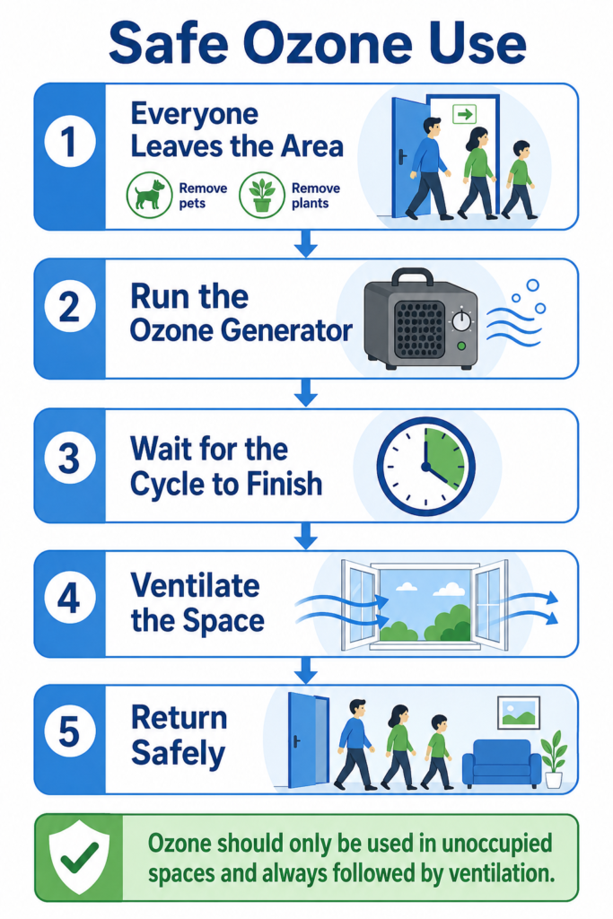 Safe ozone use infographic showing everyone, pets, and plants leaving the area before treatment, followed by running the ozone generator, waiting for the cycle to finish, ventilating the space, and returning safely.