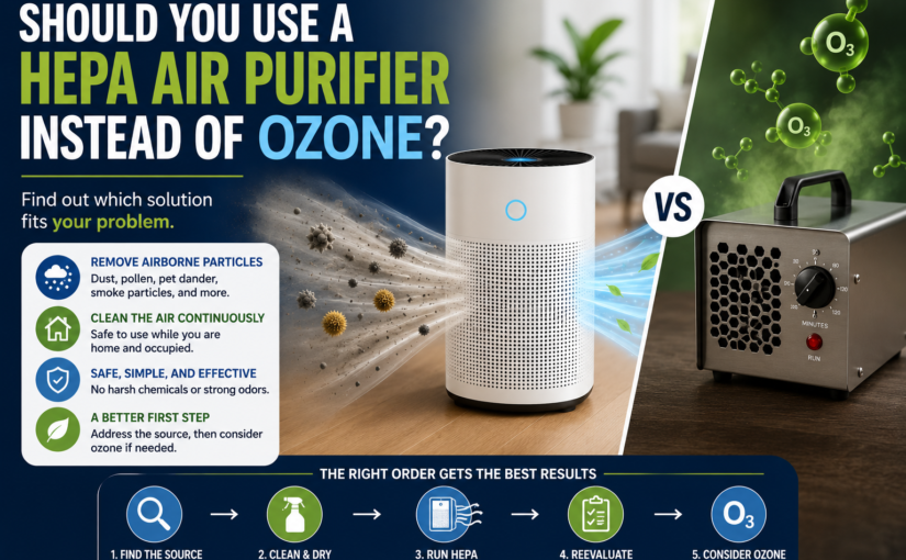 Featured image comparing a HEPA air purifier and an ozone generator to help homeowners choose the right solution for airborne particles and lingering odors.