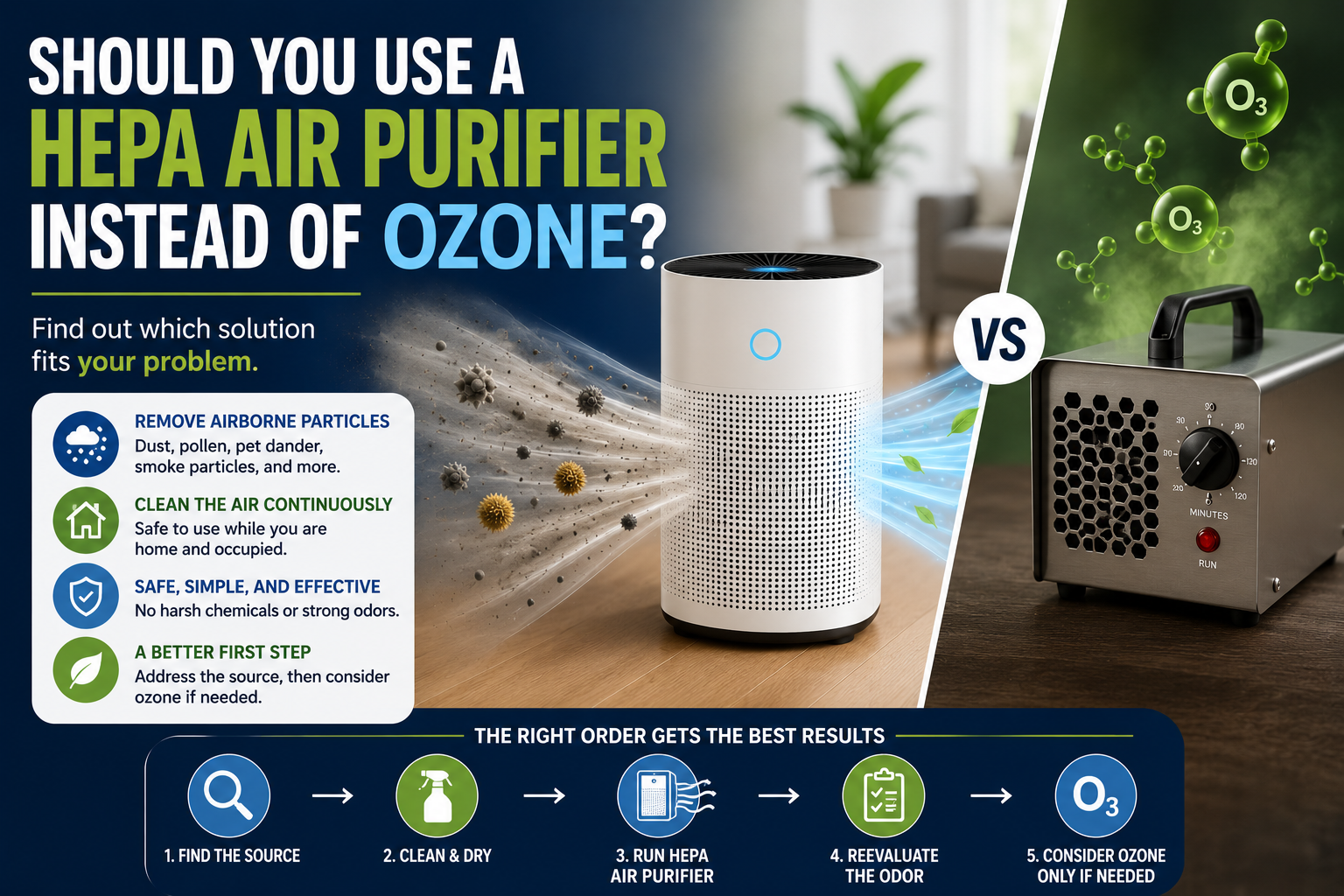 Featured image comparing a HEPA air purifier and an ozone generator to help homeowners choose the right solution for airborne particles and lingering odors.