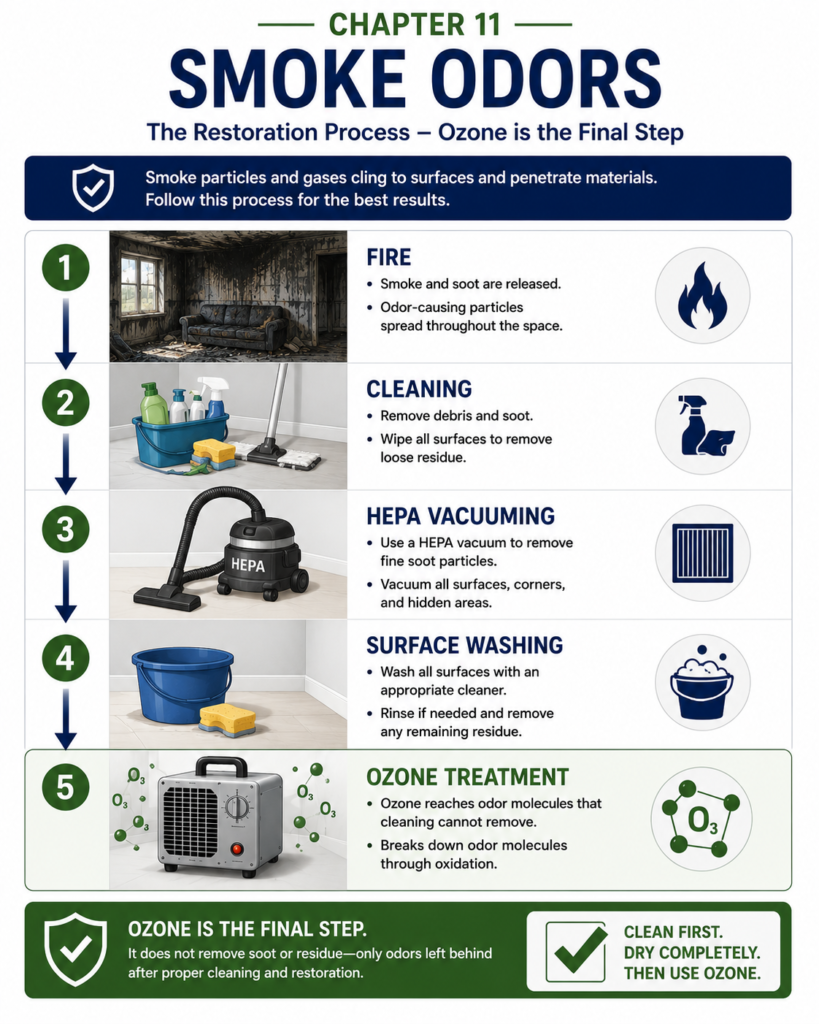 Educational infographic illustrating smoke restoration as source removal, HEPA vacuuming, surface cleaning, and—when appropriate—ozone as a final treatment for certain residual odors.