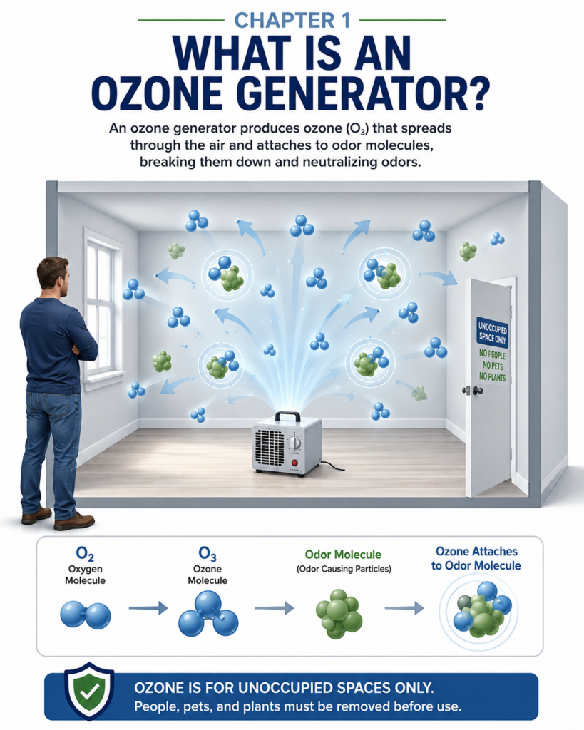 Educational infographic showing a homeowner standing outside an unoccupied room while an ozone generator releases ozone (O₃) molecules that spread through the room and attach to odor molecules, with labels for O₂, O₃, and odor molecules emphasizing that ozone generators should only be used in empty spaces.