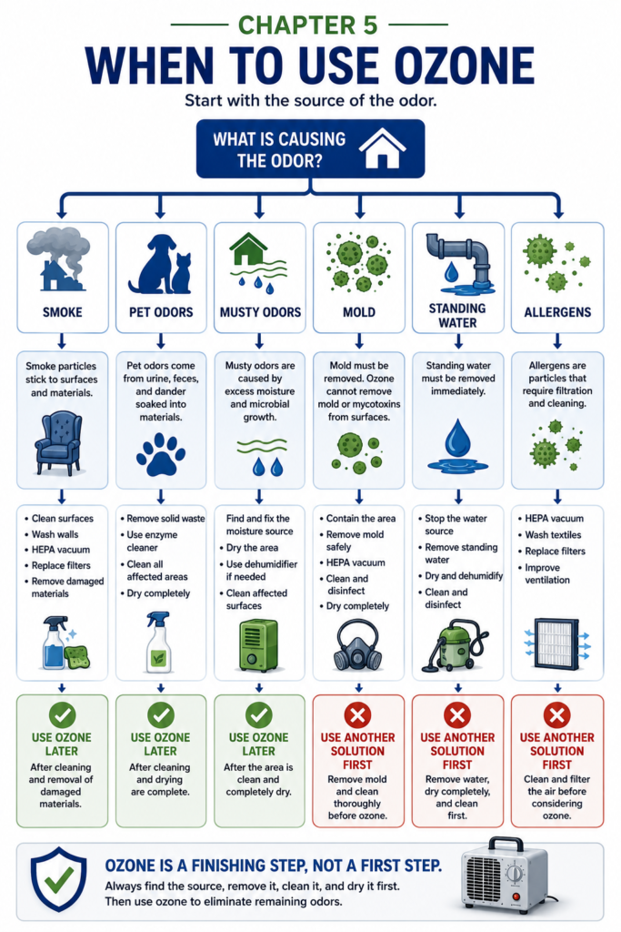 Decision tree infographic helping homeowners determine when ozone treatment is appropriate. The flowchart begins with "What is causing the odor?" and branches into smoke, pet odors, musty odors, mold, standing water, and allergens, ending with either "Use Ozone Later" or "Use Another Solution First" to emphasize that ozone is a finishing step after cleaning, drying, and source removal.