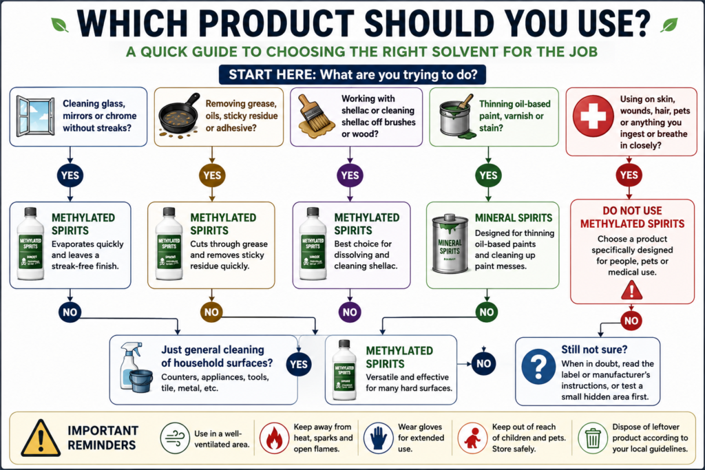Decision tree showing when to choose methylated spirits, rubbing alcohol, or mineral spirits based on cleaning, shellac removal, paint thinning, or personal care.