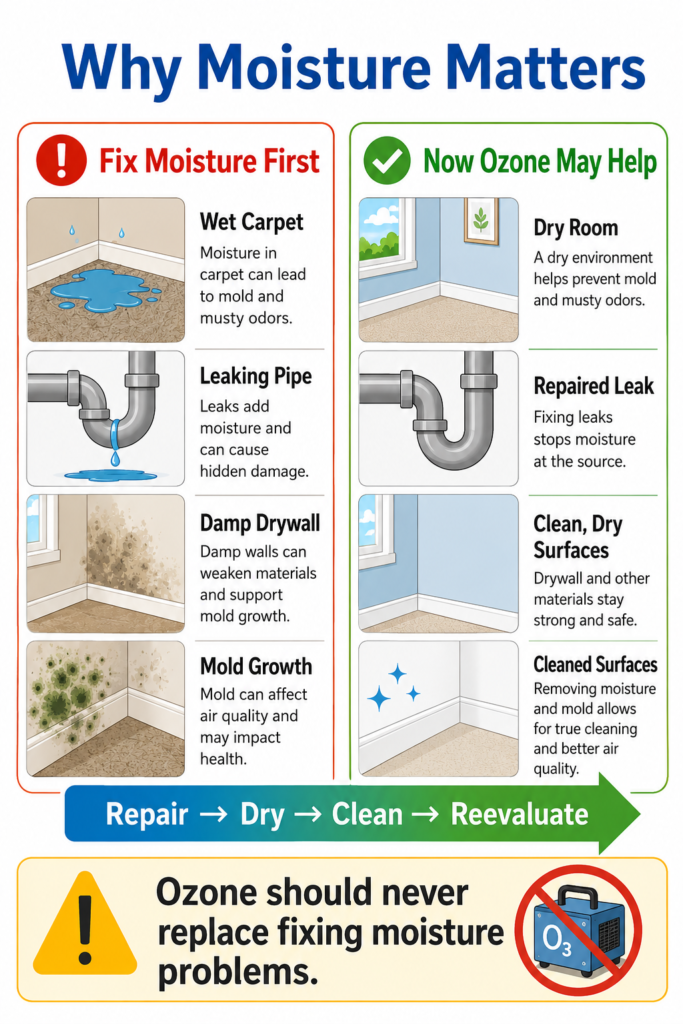 Split infographic titled “Why Moisture Matters” comparing wet carpet, a leaking pipe, damp drywall, and mold growth with a dry room, repaired leak, and cleaned surfaces. It shows the sequence repair, dry, clean, and reevaluate before considering ozone.