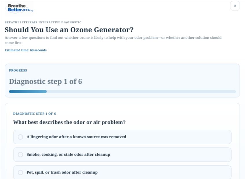 Preview of the BreatheBetterAir Ozone Decision Machine showing step 1 of 6 and questions about the user's odor or air problem.